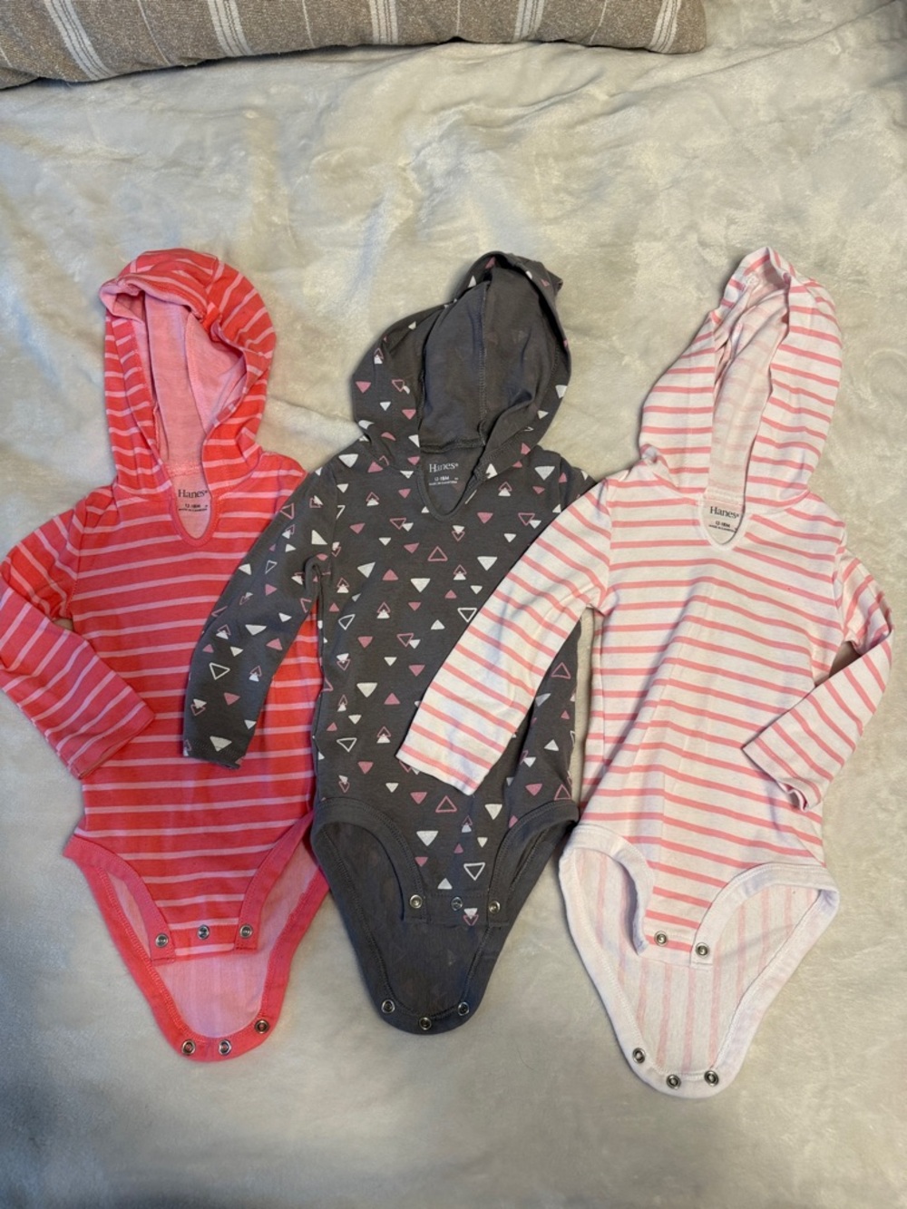 Hanes Girls' Hooded One-Piece Bodysuits in Coral, Charcoal & Light Pink NWOT